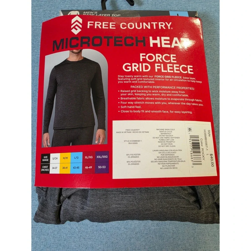 Free Country Mens Microtech Heat Force Grid Fleece Base Layer Top Rocky L New